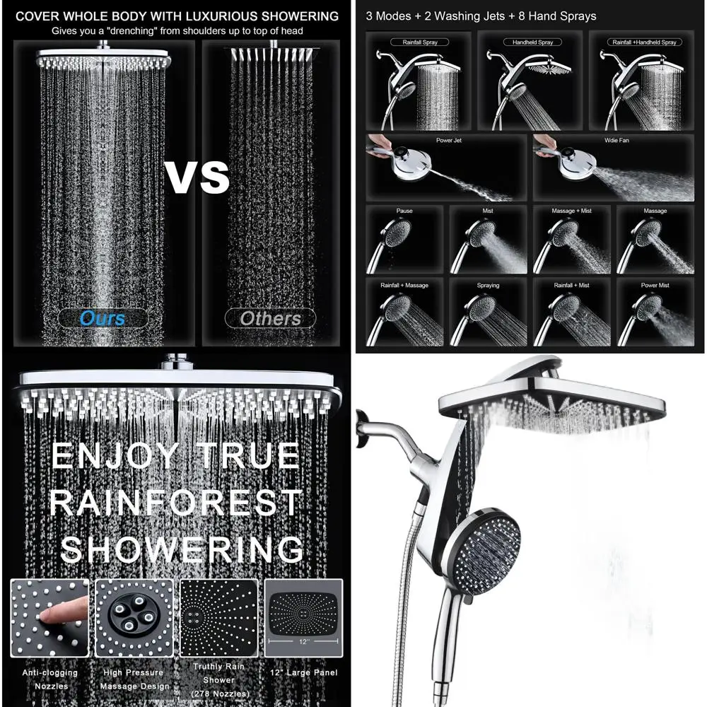Luxury Shower System: Dual Shower Head with Magnetic Handheld and 10 Settings, Power Jets Included