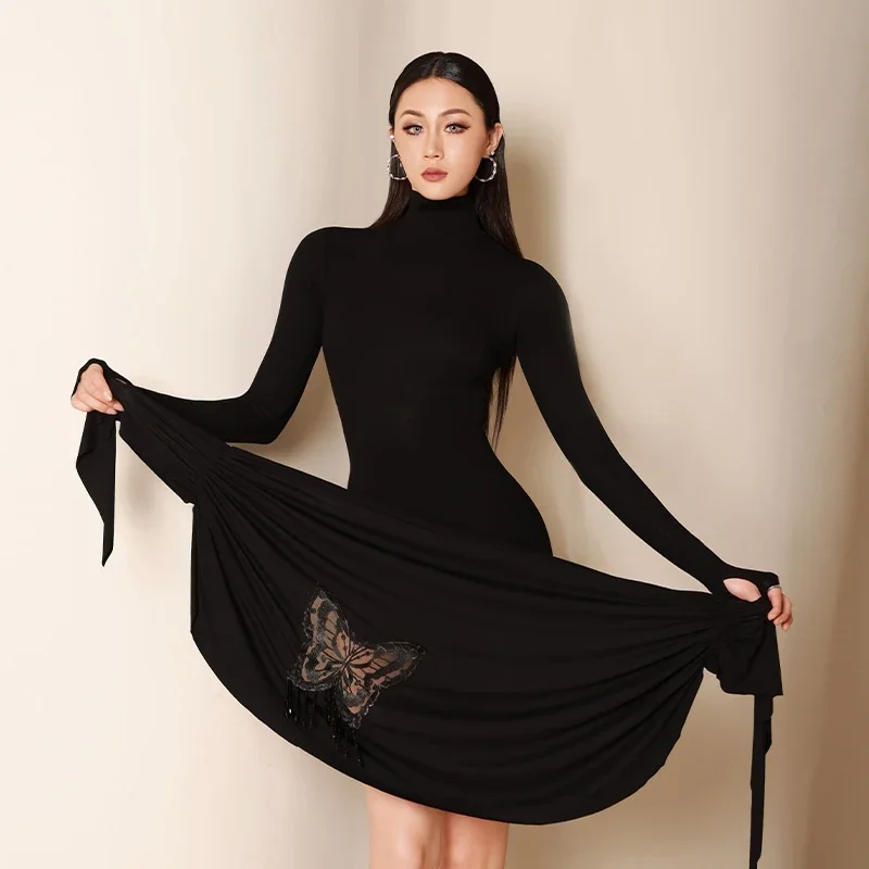 

Women Latin Dance Clothing Adults Women Ballroom Dance Competition Costume Black Lon Sleeves Top Wrap Fringed Skirt
