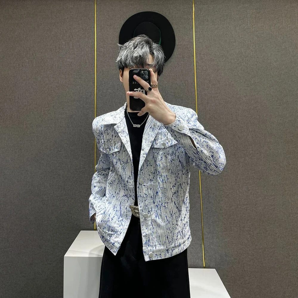

Men Denim Jacket Rhinestone Jacket Autumn Streetwear Fashion Trend Youth Campus Stage Performance Jacket Men'S Clothing 2025 New