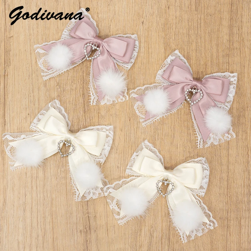 

Japanese Style Handmade Fur Ball Bow Double Ponytail Hairpin Girl Women's Lolita Cute Hairclips Lace Rhinestone Hair Clips