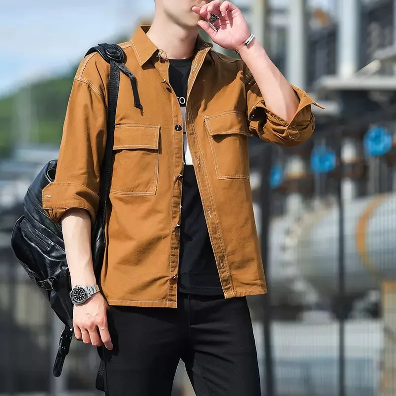 

New Spring/Autumn Fashion Trendy Solid Color Retro Long Sleeve Work Shirt Men's Casual Loose Fit Sports High Quality Shirt