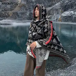 Reversible Imitation Cashmere Pashmina for Male Trendy Poncho Tassel Hooded Jacket Warm Men's Pashmina Versatile Triangle Cloak