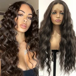 Dark Brown Long Curly Wavy Wig Synthetic Lace Front Wig Loose Deep Natural Brunette Colored Hair 13X4 Frontal Wigs for Women