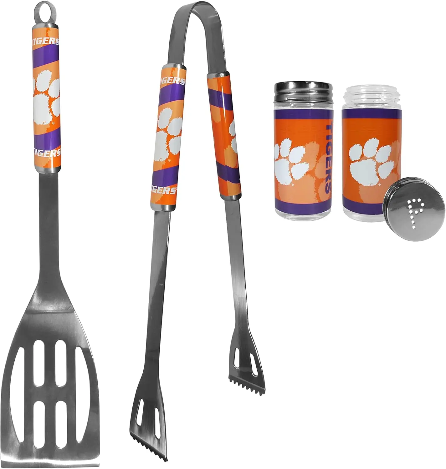 

Clemson Tigers BBQ Set with Tailgate Salt & Pepper Shakers in Team Colors, Perfect for Sports Fans
