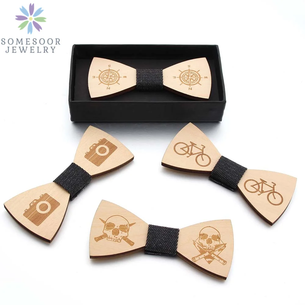 SOMESOOR Vintage Natural Wood Floral Bowtie Engraved Skeleton Camera Bowknots Weeding Suits Geometric Neck Ties For Men Gifts