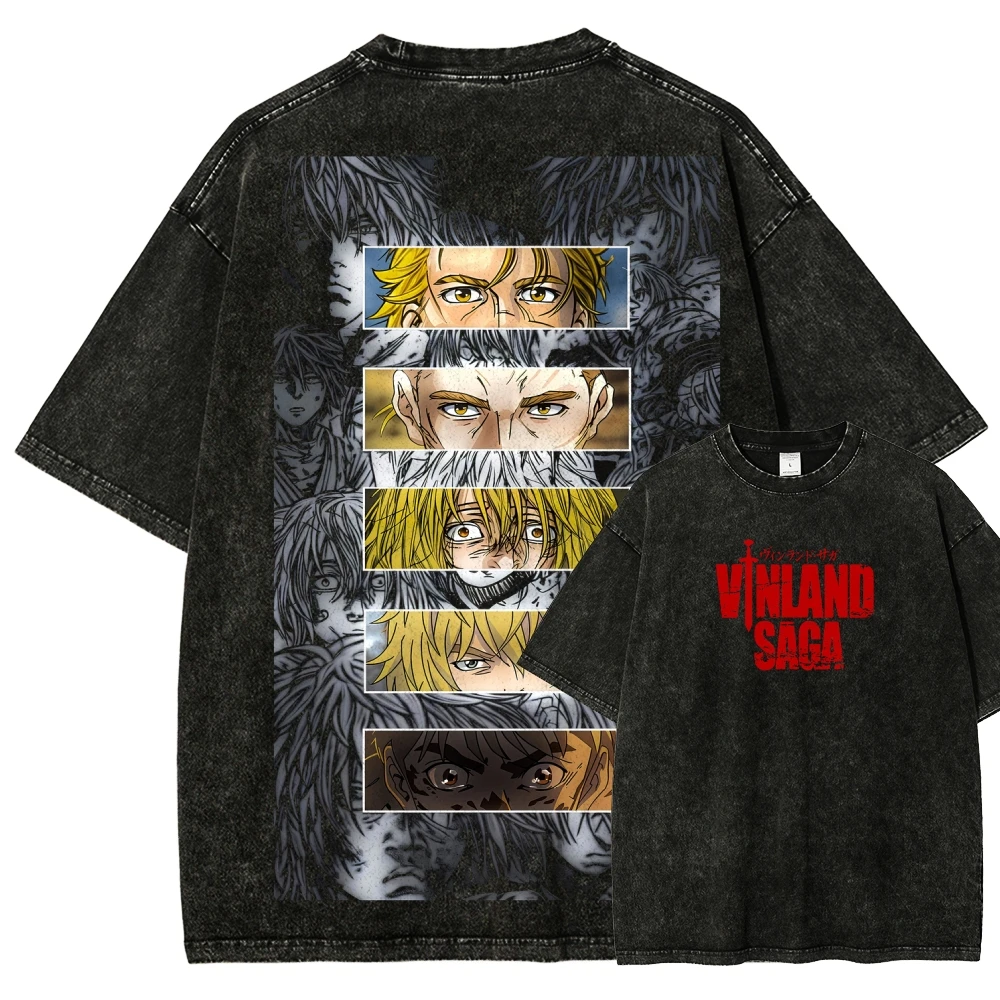 

2026 summer Vinland Saga Thorfinn Dual Sided Washed T-shirt Manga Panel Eyes Anime Print Oversized Cotton Tee For Otaku Fans
