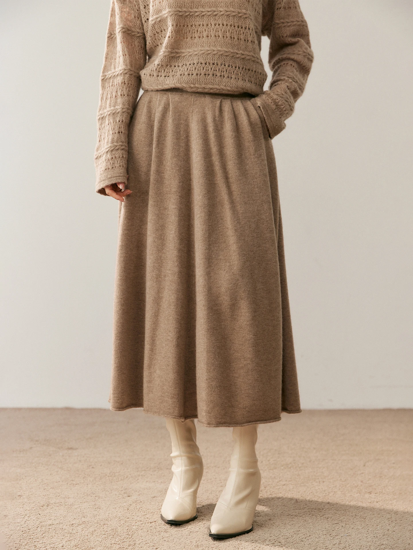 

Women's 100% Pure Cashmere Skirt Autumn Winter Mid-calf A-line Knitted Full Skirt High Waist Soild Dress Elegant Basic High-end