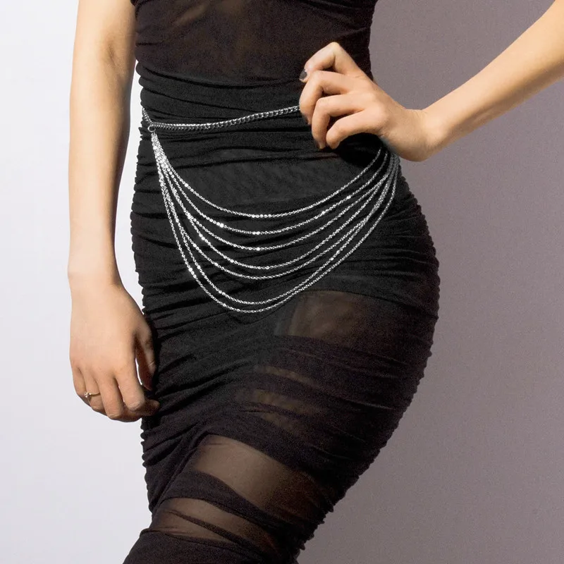 [F] Multi Layer Waist Chain Belt for Women Hiphop Dress Jeans Belts Belly Chain Dress Body Belt Fashion Jewelry
