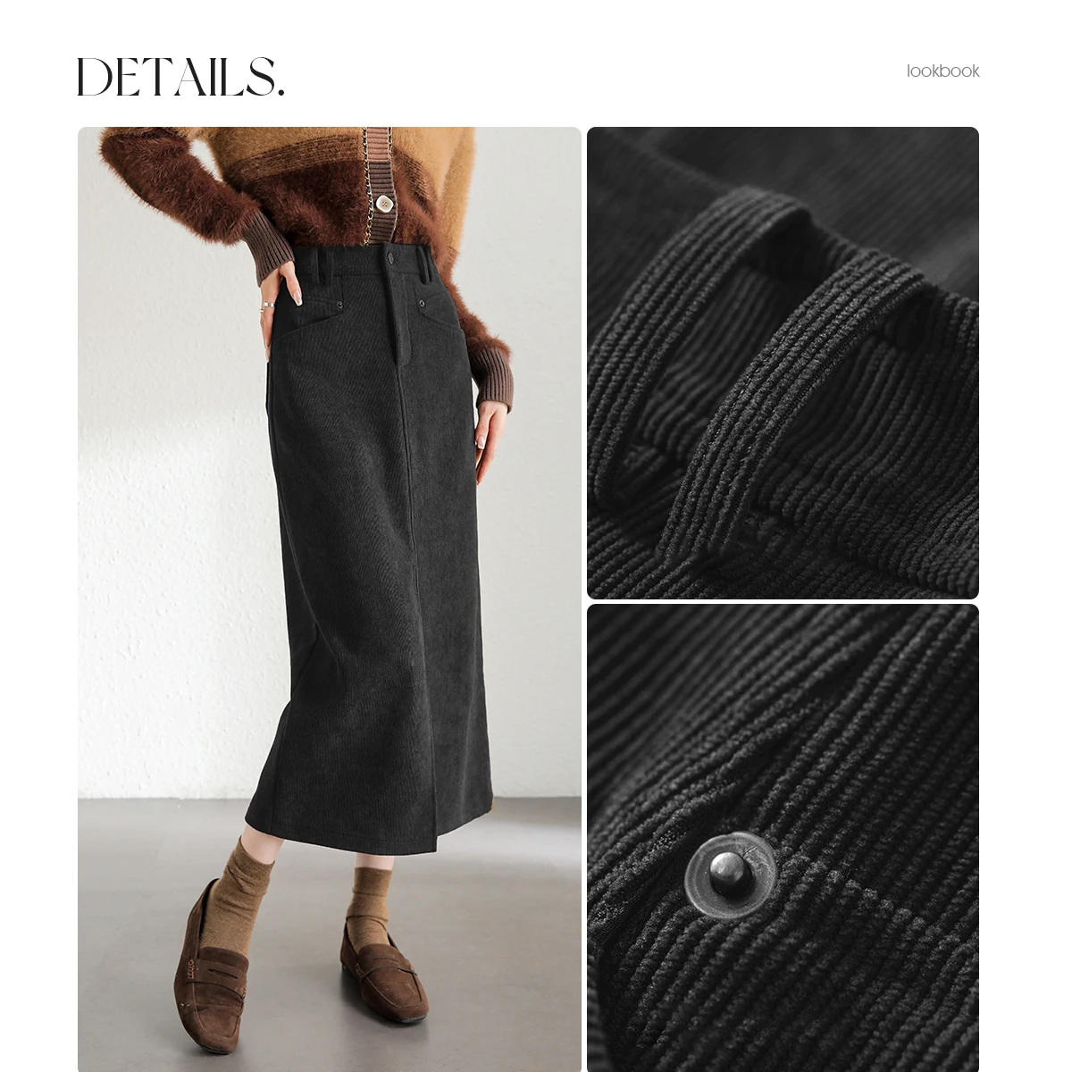 SENTUBILA 2025 Autumn Black Corduroy Warm Long Slit Skirt High Waist Commuting Skirt Fashion Elegant Clothing Ladies 144Q57480