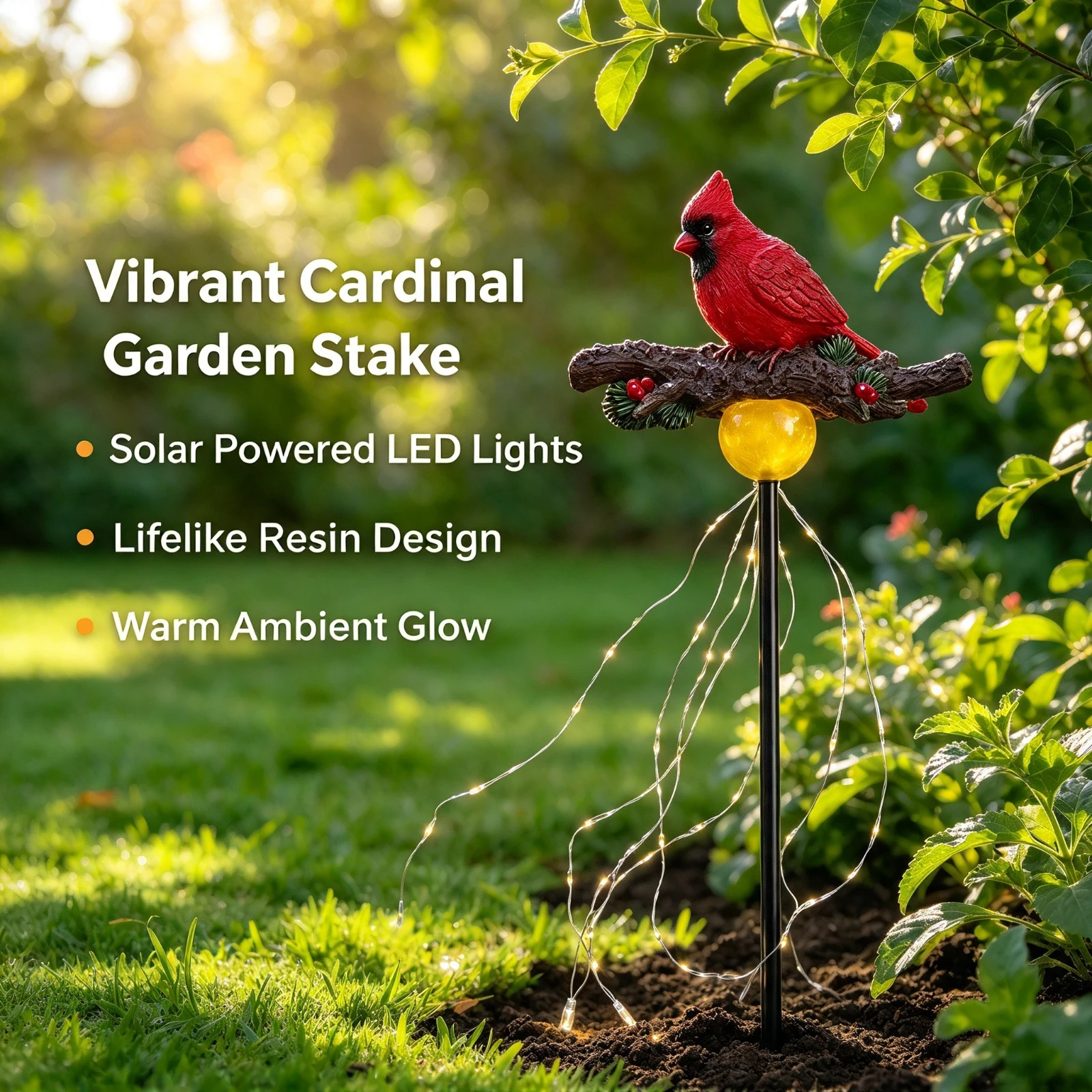 Solar LED Cardinal Garden Stake, Light Artificial Red Bird On, Branch Memorial Outdoor, Waterproof Yard Lawn Pathway Decor, Gift