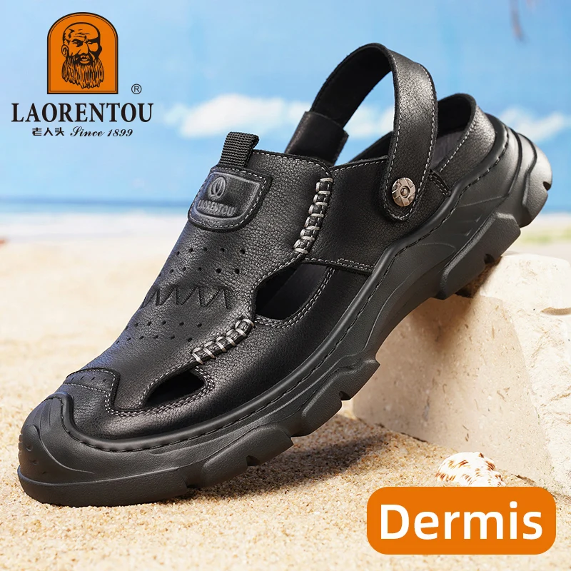 

Сандалии LAORENTOU мужские с перфорацией, дышащие босоножки из натуральной воловьей кожи, Нескользящие, летняя обувь