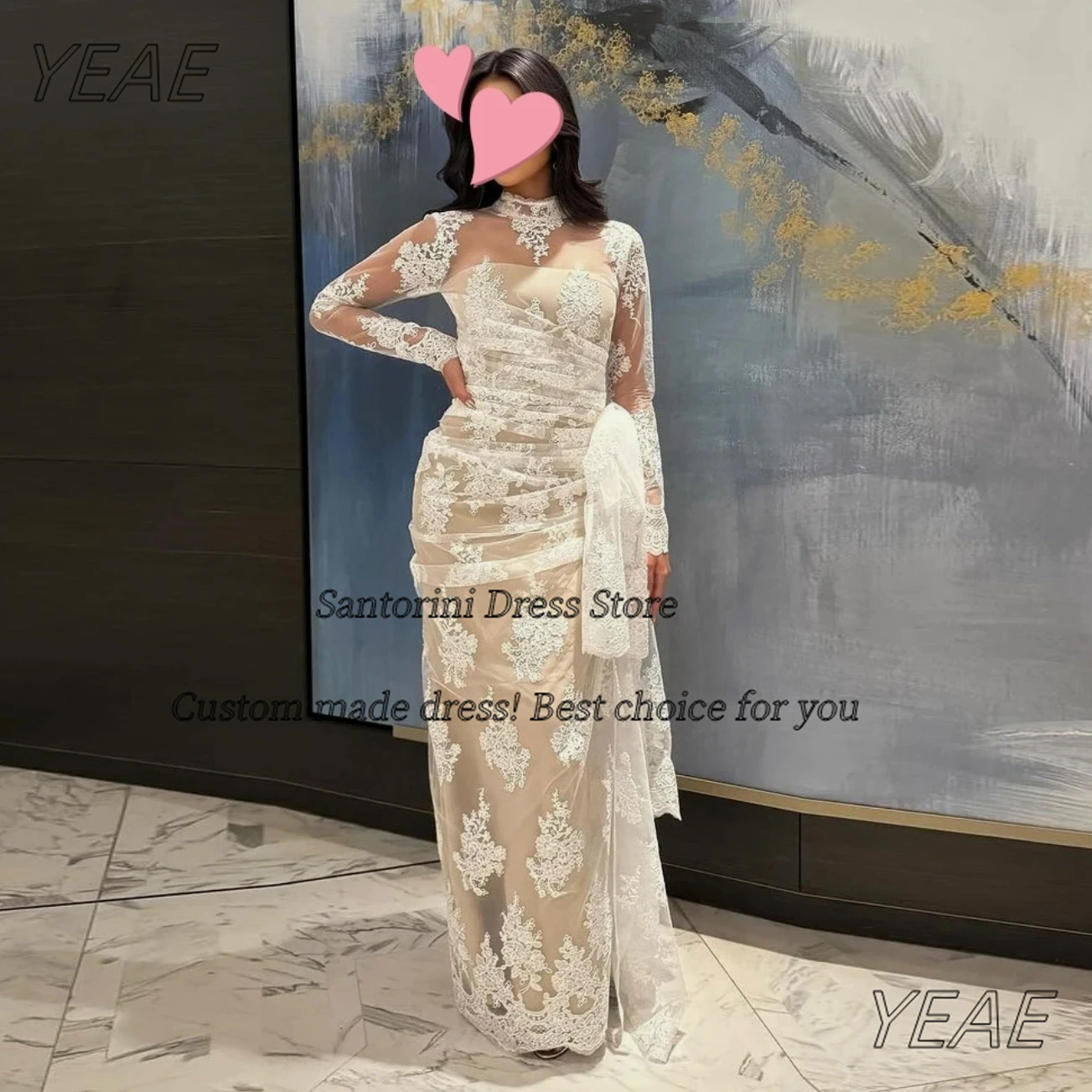 

Санторини кружевные платья-футляры по индивидуальному заказу для выпускного вечера с высоким воротником и длинными рукавами вечернее платье со рюшами Vestidos Des Noches