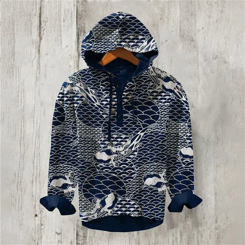 Men\'s Hoodie Long Sleeve Shirt Bamboo Linen Simple 3 Button Fashion Pullover Top 3D Creative Printing 2024 Men\'s New Shirt