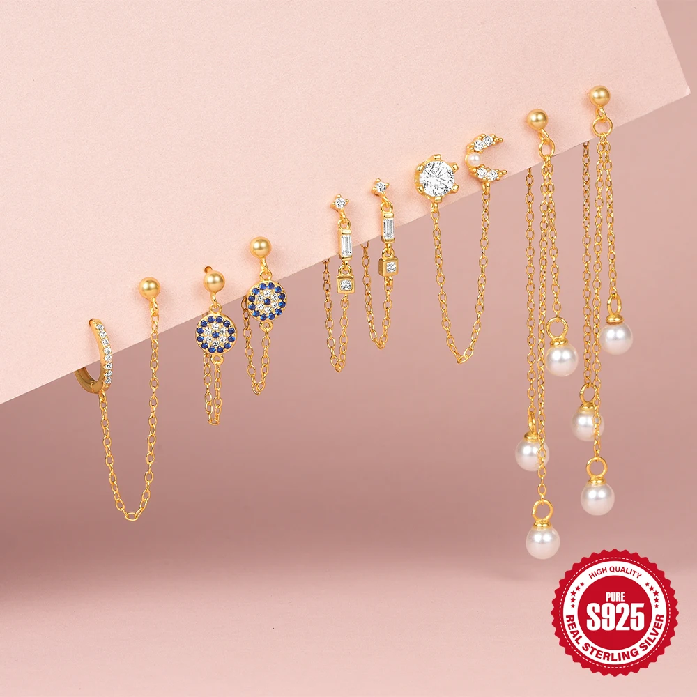 

Aide 925 Silver Star Moon Combination Devil's Eye Drop Earrings For Women 18K Gold Pearl Tassels Zircon Personality Ins Jewelry