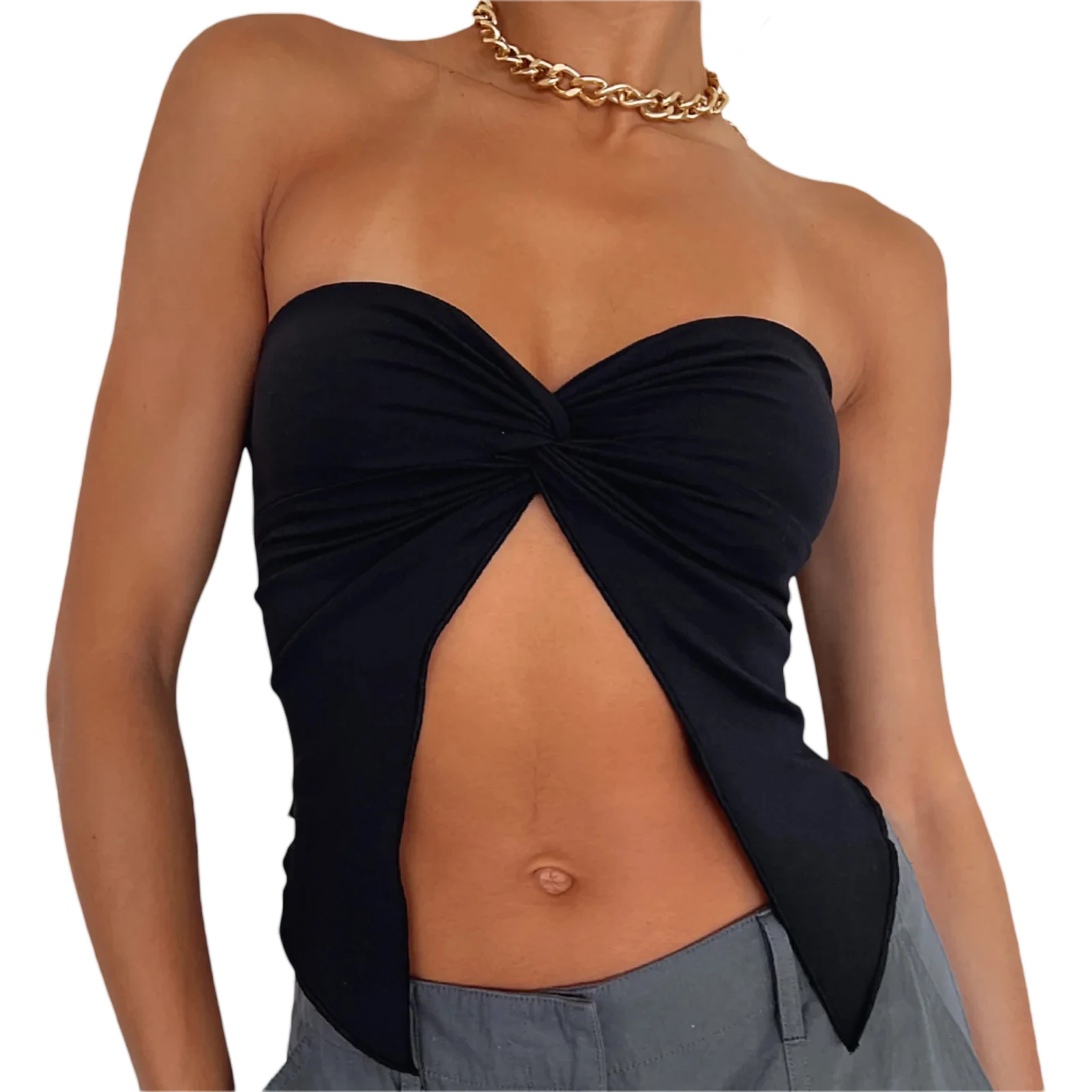 Summer Fashion Women Solid Color Tube Tops Bandeau Strapless Backless Open Front Wrap Chest Tank Tops Crop Tops