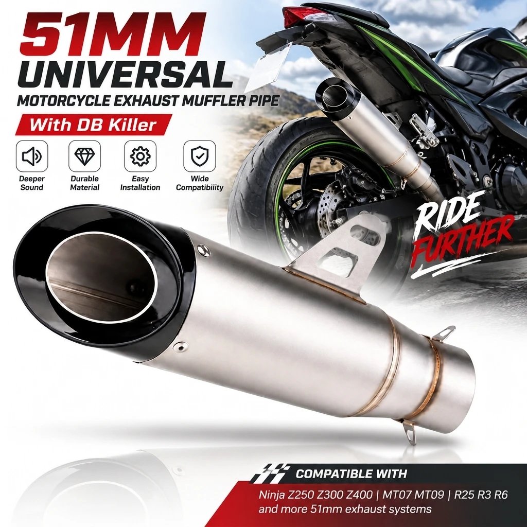 Image of 51-mm-Universal-Auspuffschalldämpfer für Motorräder mit DB-Killer für Ninja Z250 Z300 Z400 MT07 MT09 R25 R3 R6 Auspuffsysteme