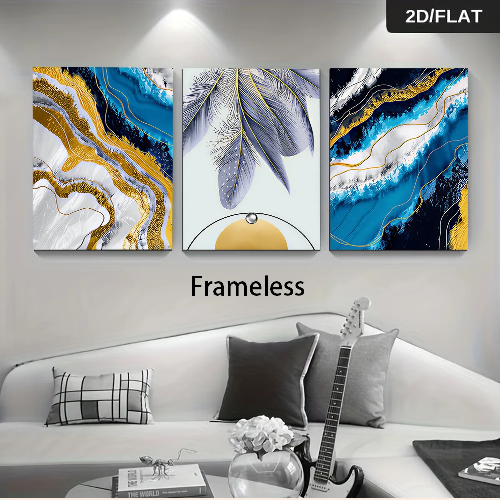 1 Satz moderner, minimalistischer Wohnzimmer-Triptychon, leicht luxuriöses, abstraktes, rahmenloses Gemälde mit Federmotiv, 2D-Flachdesign.