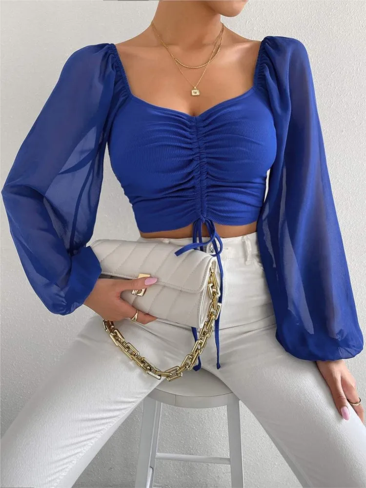 2024 Spring Summer New Sexy V-neck Chiffon Drawstring Lantern Sleeve Tight Fashion Sexy Short Style Waist Long Sleeve Shirt Top