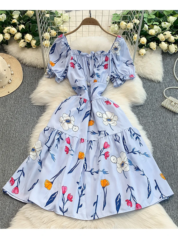 Minivestido Floral con cuello cuadrado para mujer, vestido plisado de manga corta con presión de viento para vacaciones, dulce vestido de princesa ceñido A516