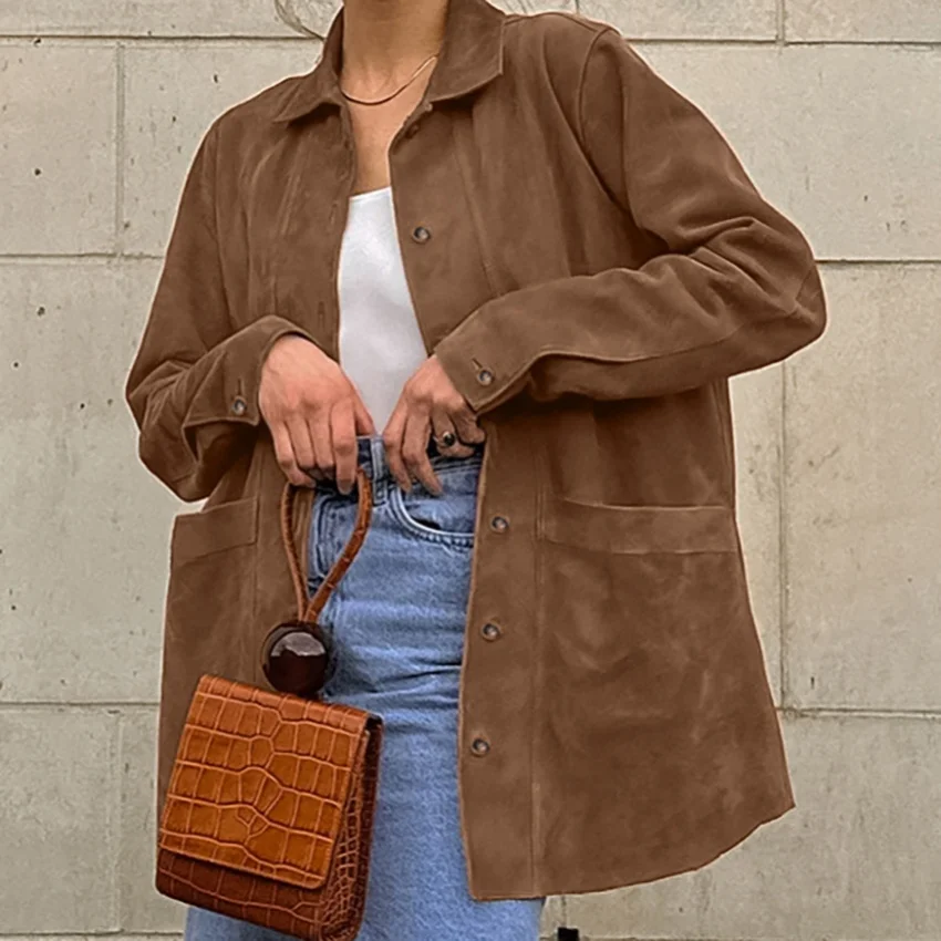 Women's Spring Oversized Brown Suede Blouse/Shirt, long-sleeve, buttoned-cuffs, British vintage style,single-breasted,trend 2025