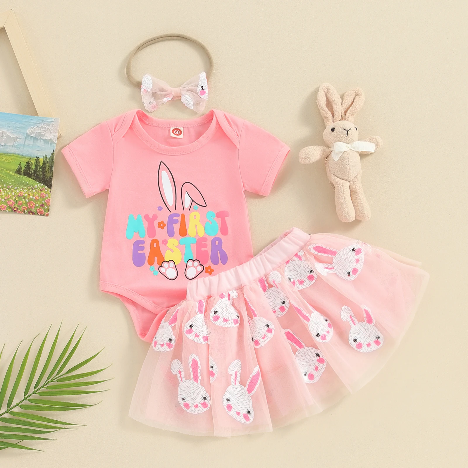 FOCUSNORM 3pcs Toddler Baby Girls Clothes Sets 0-18M Letter Print Romper+Easter Rabbit Mesh Tutu Skirts+Headband