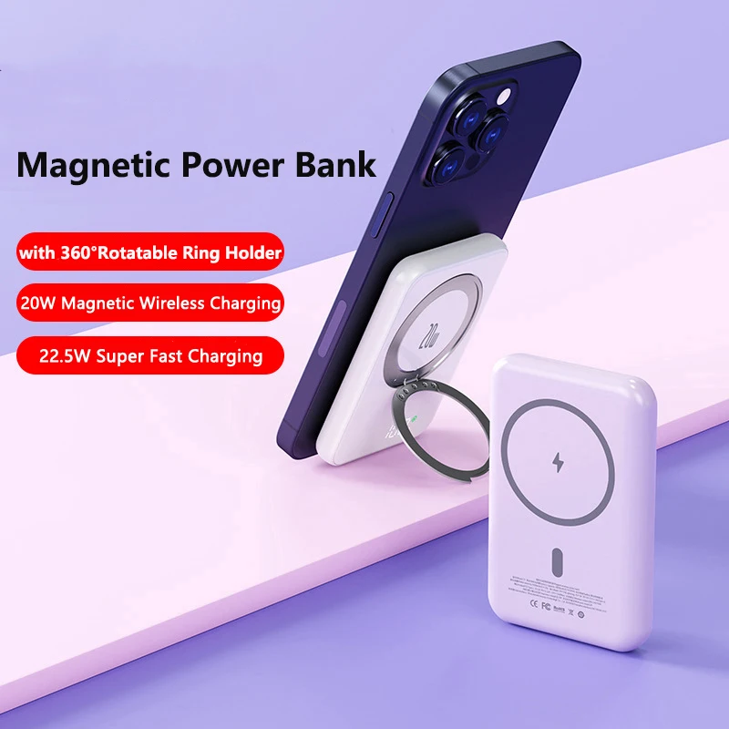 PD 22.5W Fast Charging Power Bank 5000mAh 20W Magsafe Wireless Charger for iPhone 15 Huawei Xiaomi Samsung Powerbank Ring Holder