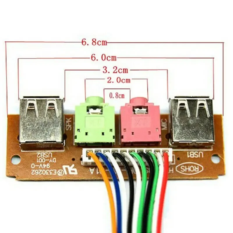 PC 컴퓨터 케이스 전면 패널 USB 오디오 포트 마이크 이어폰 케이블, PC 오디오 입력 및 출력 근처, 6.8cm, 2 USB