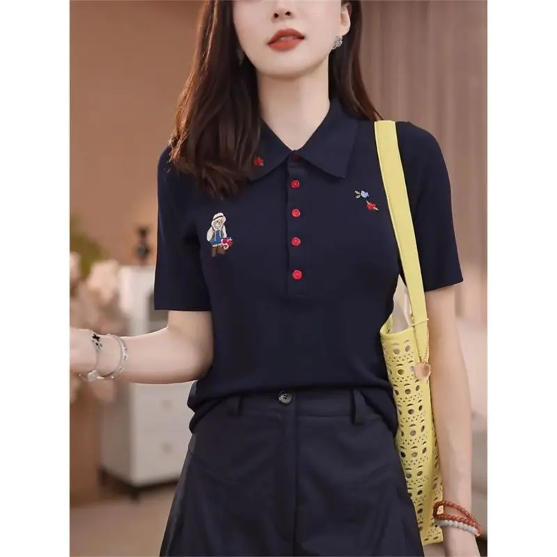 

Офисная женская футболка с отложным воротником и вышивкой из мультфильма, летние винтажные шикарные топы с короткими рукавами