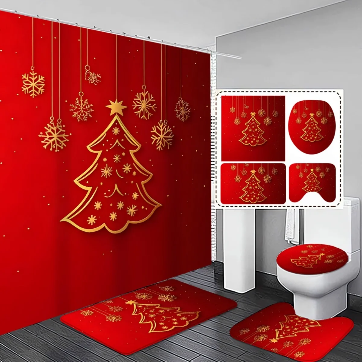 

Рождественский набор декора для ванной комнаты из 4 предметов с красной и золотой занавеской для душа в виде рождественской елки, нескользящим, чехлом на сиденье унитаза и праздничным рисунком
