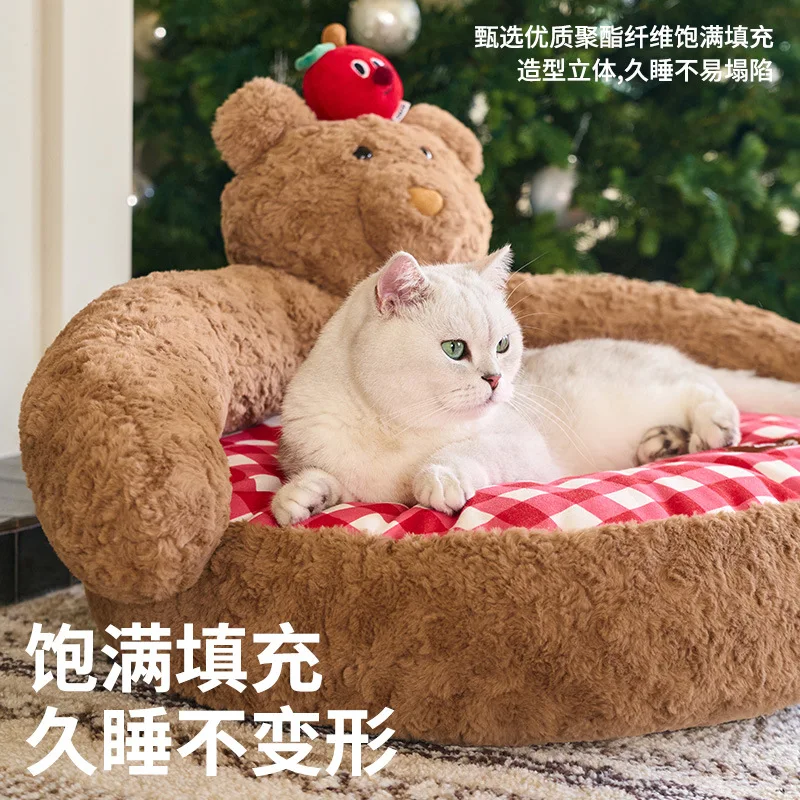 Luxury Plush Teddy Bear Pet Sofa | Cozy Dog & Cat Bed | Holiday  Bear Design for Winter Home Décor