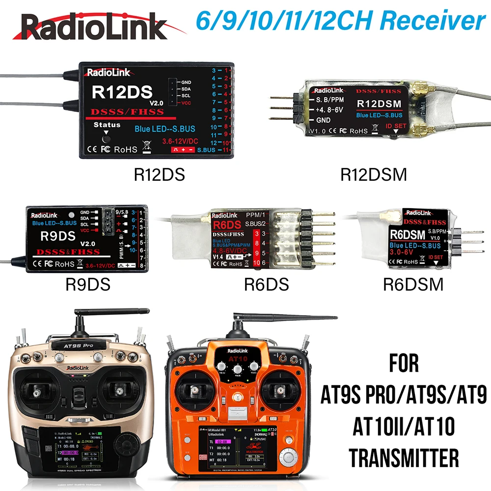 

RadioLink RC Receiver R12DS R12DSM R9DS R6DS R6DSM 2.4G 6/9/10/11/12CH Receiver for RC Transmitter AT10II/AT10/AT9S Pro/AT9