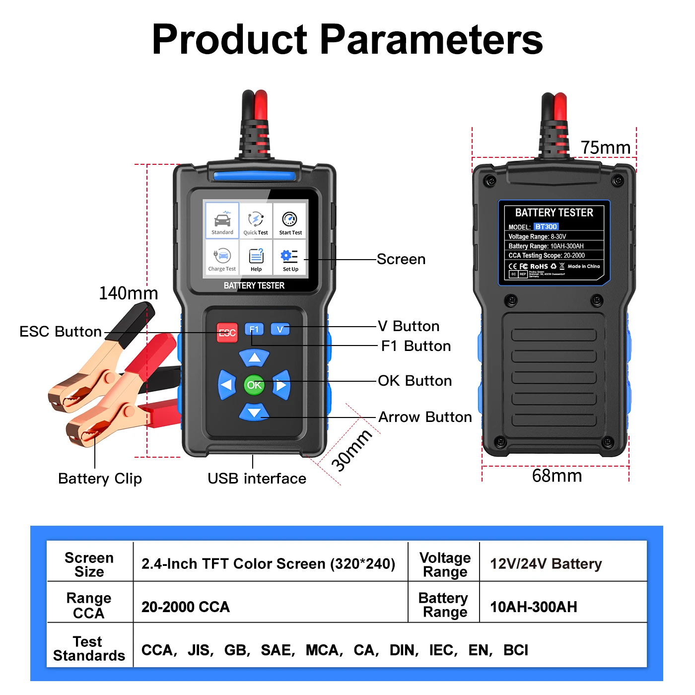 Car Battery Tester BT300 12V/24V Voltage Internal Resistance 20-2000 CCA Battery Health Charge Status Detection Color Screen