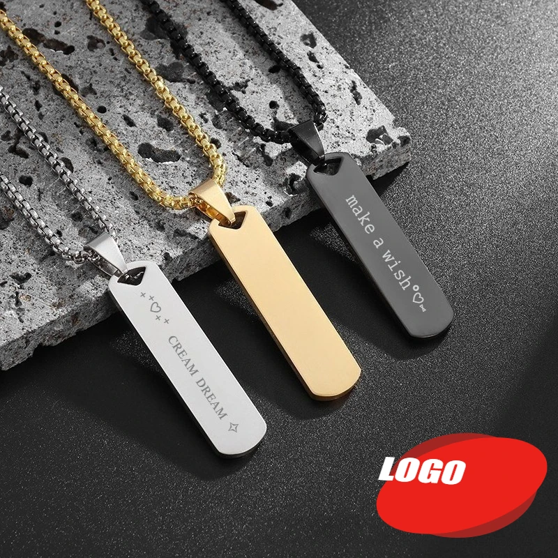 

Laser Custom Logo Personalize Text Stainless Steel Blank Metal 3D Pendant Smooth Long Strip Necklace for Men's Fashionable Gift