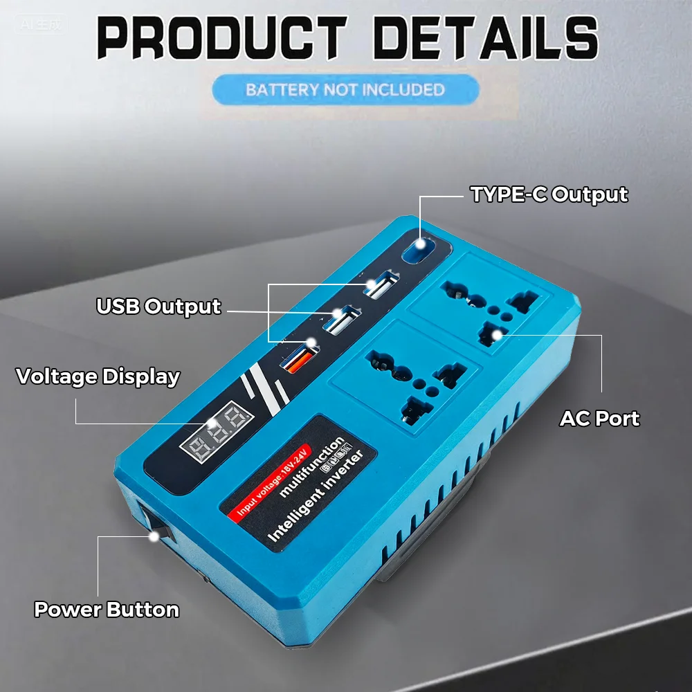 

Инвертор мощности, инверторный адаптер постоянного тока от 18 В до 220 В, портативное решение, преобразователь батареи для Makita/Dewalt/Milwaukee, штифт батареи