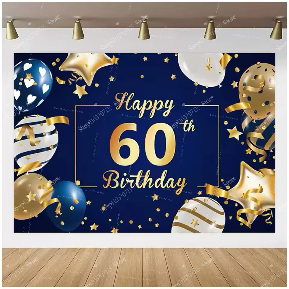 سعيد 30th 40th 50th 60th حفلة عيد ميلاد ديكور بالون خلفية الذهب الأزرق عيد ميلاد التصوير خلفية كعكة الجدول راية