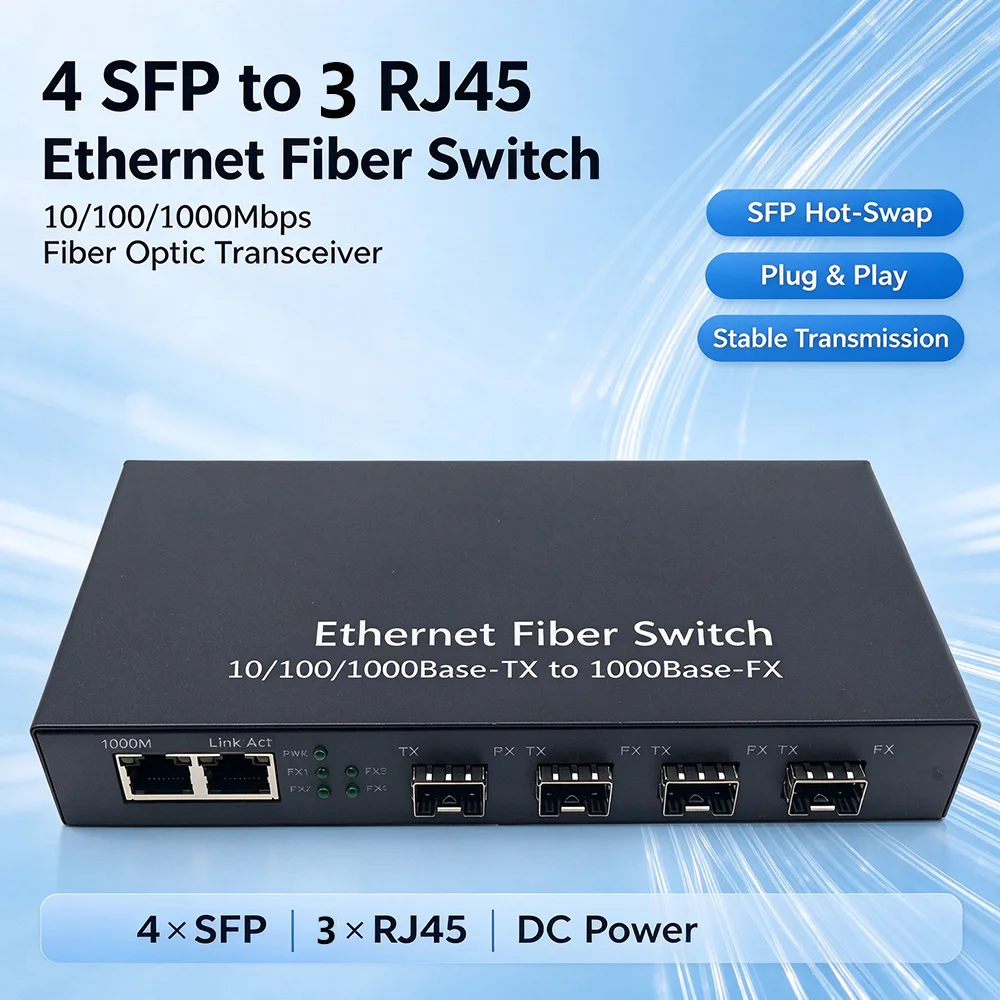 Gigabit Ethernet Switch 4SFP 3RJ45 10/100/1000M UTP Fiber Port Media Converter Optical Fiber Switch 4F3E for Network Expansion