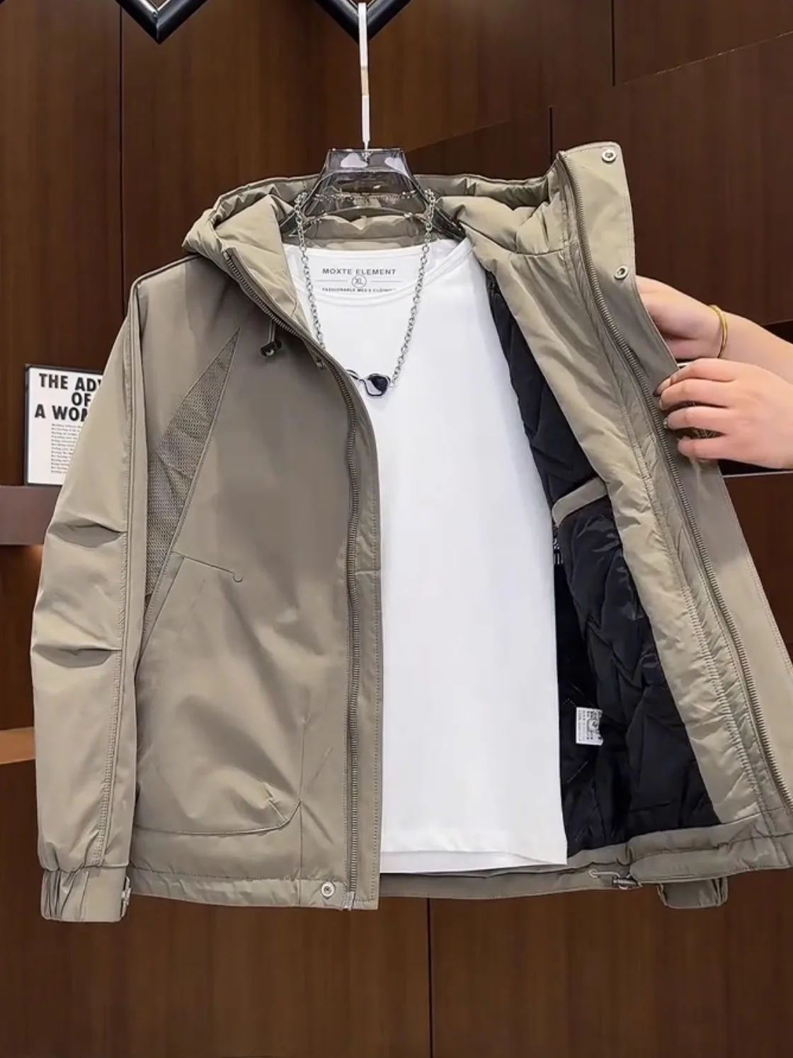 

Men's Faionable Casual Tee-Proof Cotton Jaet Hooded Windbreaker Warmth Polyester Fill Long Sve Zipper Closure Coat