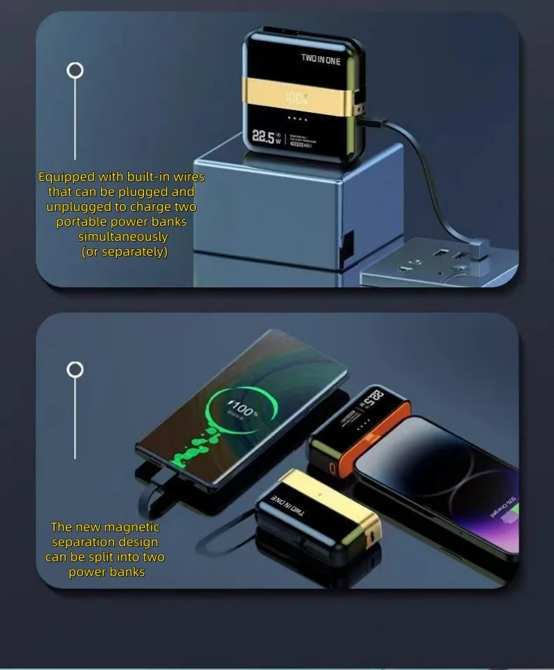 100% New Two in One Magnetic Separation Super Fast Charging with Built-in Cable 10000mAh Power Bank Mobile Battery