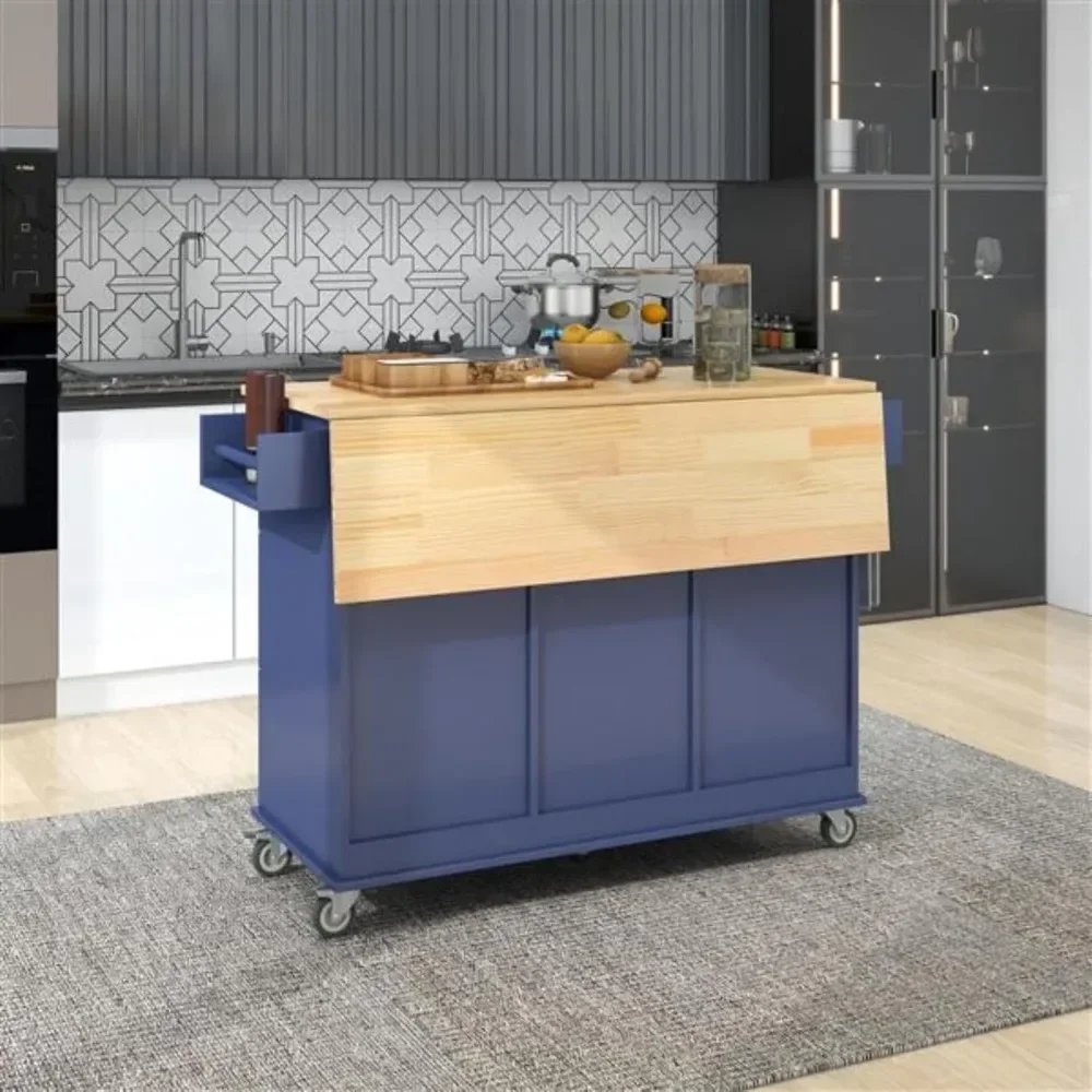 Mobile Kitchen Island Trolley Dining Cabinet with Drop Down Board Solid Wood Top, Dark Blue，Kitchen Islands & Trolleys