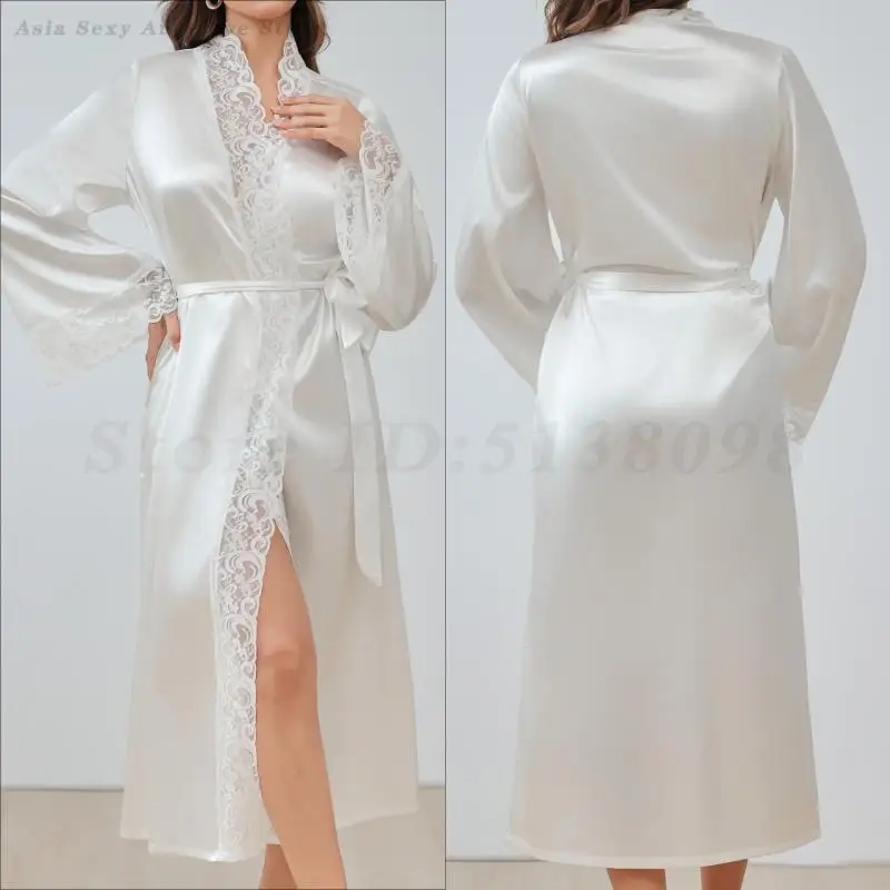 

White Bride Bridesmaid Wedding Robe Nightgown Sexy Lace Splicing Kimono Bathrobe Gown Spring Summer Women Sleepwear Sleep Dress