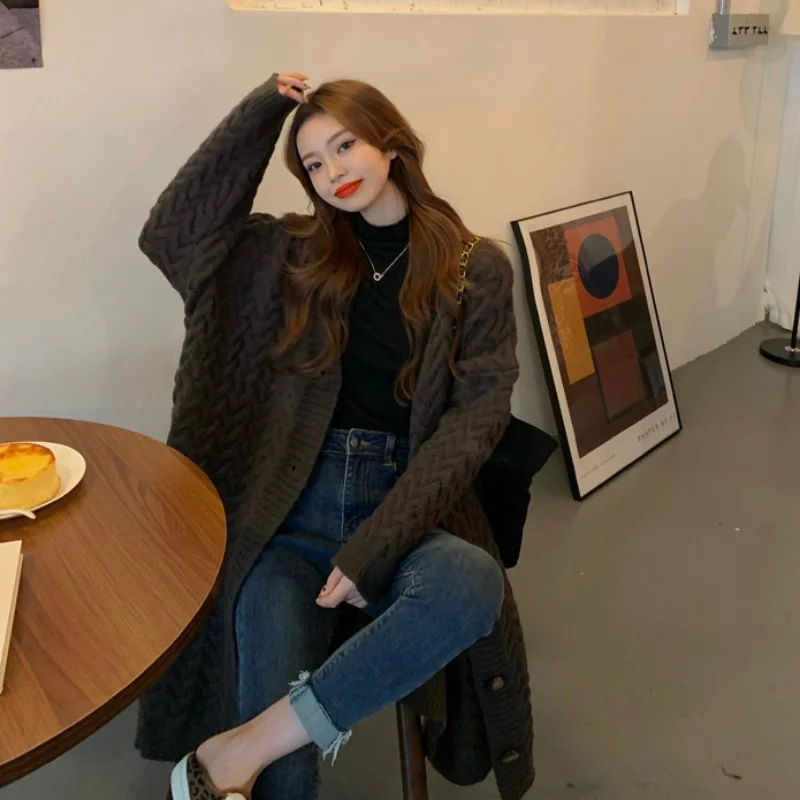 

Mid-Long Cardigans Knitted Womens Fall Cuffed Versatile Knitting Layered Open-Front Pretty Cotton Harajuku Asymmetrical Office