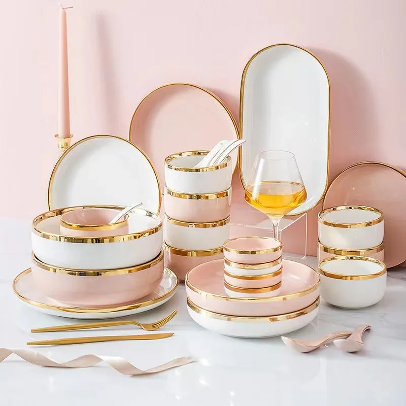 Bright White And Pink With Gold Porcelain Plates Kitchen Dinner Plate Set Ceramics Food Dishes Salad Noodles Bowl