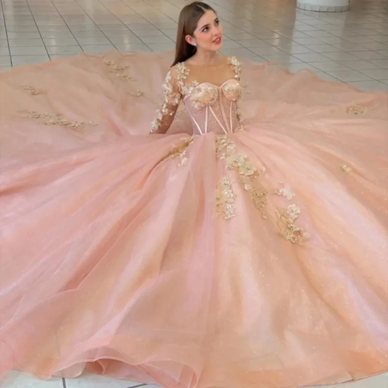 Princess Quinceanera Dresses Ball Gown Long Sleeves Tulle Appliques Sweet 16 Dresses 15 Años Mexican