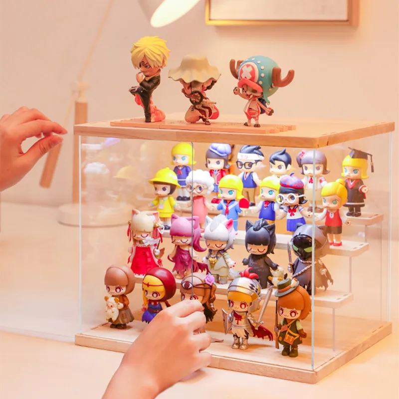 Action Figure Display Box With Light Blind Box Toy Wood Storage Box Dust Proof Transparent Acrylic Organizer Collection Cabinet