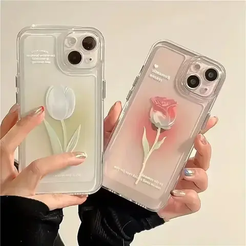 튤립 전화 케이스 iPhone 16e 13 11 12 14 15 16 Pro Max XR X XS Max 7 8 15 Plus 충격 방지 투명 커버 실리콘 Fundas