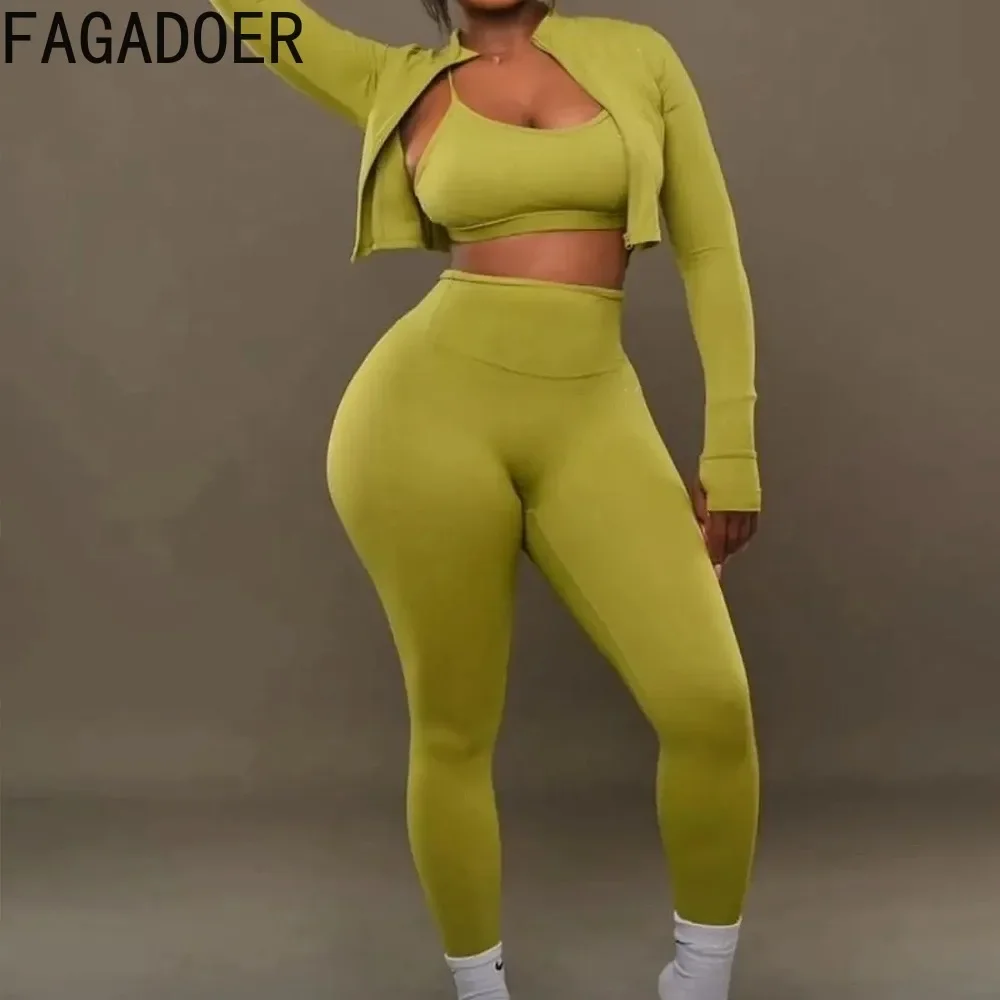 FAGADOER High Quality 3 Piece Sets Women Outfit Fashion Stretchy Tracksuit Sport Streetwear Jacket+Bra+Leggings Joggers Suits