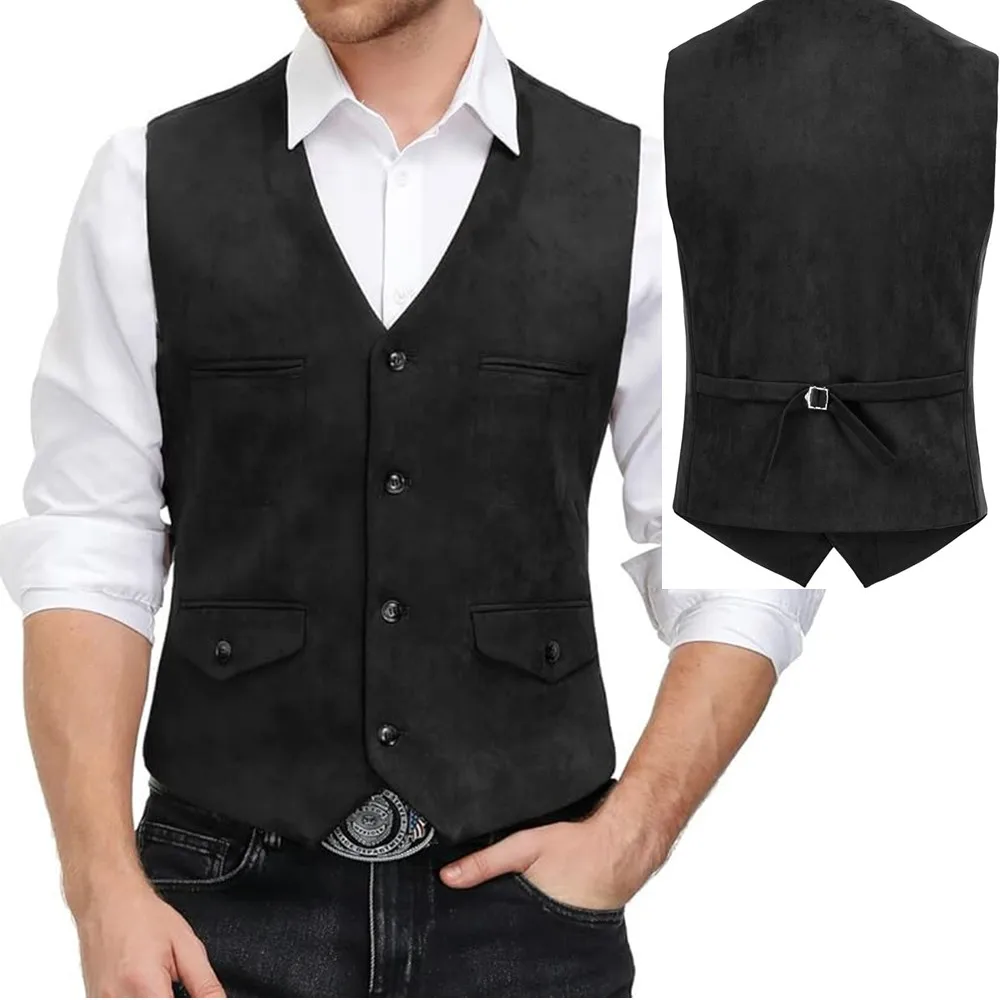 

Classic Style V Neck Suede Vintage Casual Western Cowboy Vest Single Breasted With Pockets Men's Waistcoat