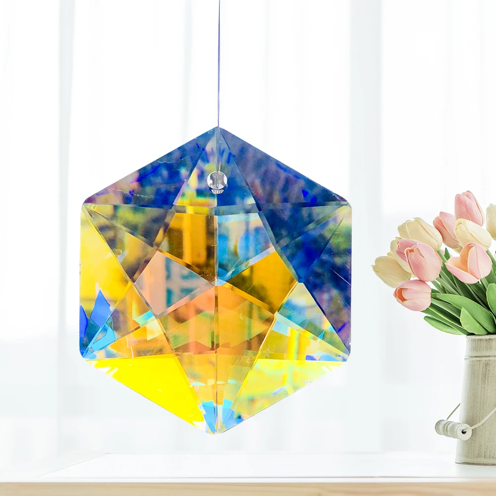 90mm AB Crystal Suncatcher Chandelier Hexagram Glass Hanging Pendant Faceted Rainbow Maker Home Wedding Window Decor Figurine