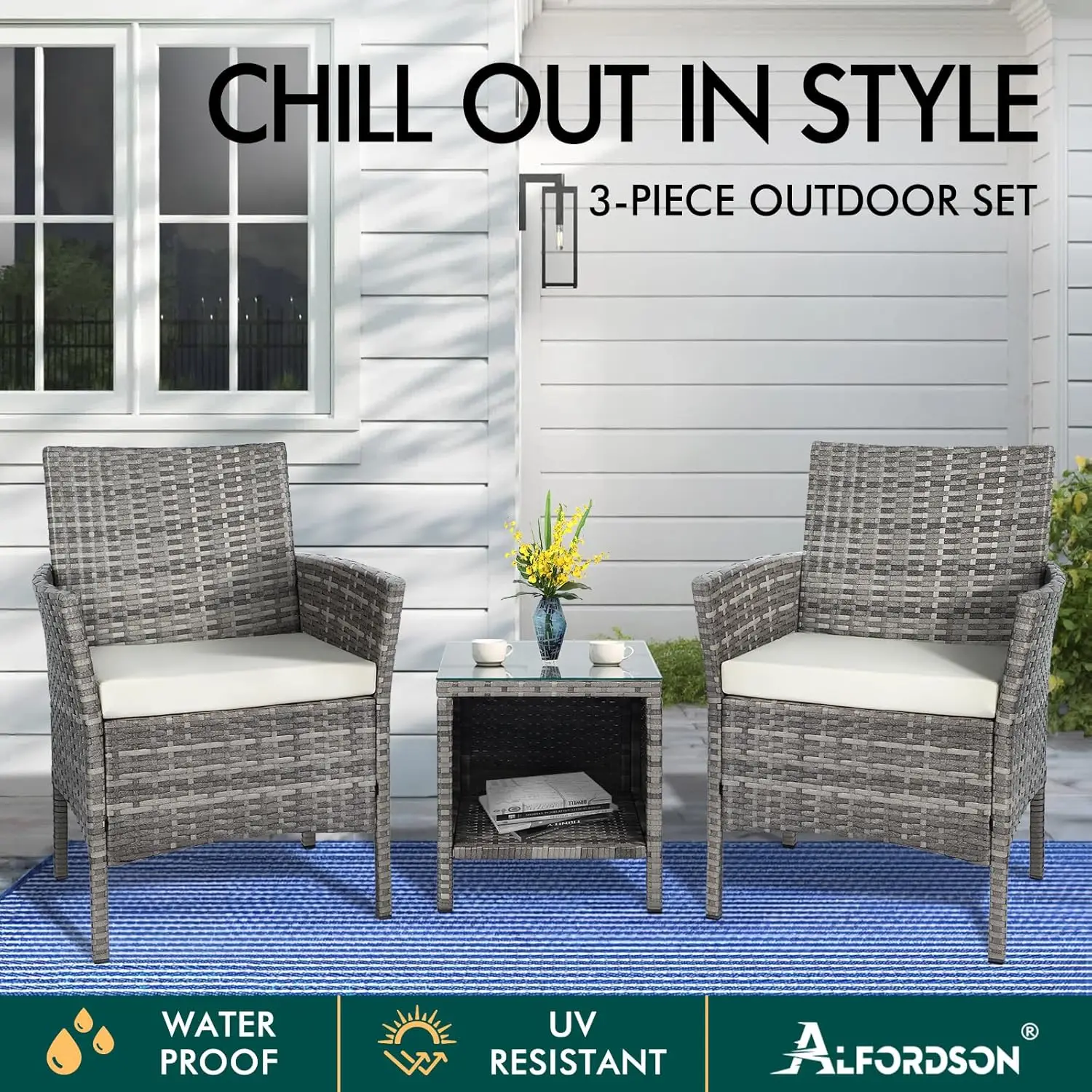 Patio Furniture 3pcs Conversation Set, Wicker 3 Pieces Lounge Chair & Glass Coffee Table Setting, Steel Frame Garden Ra