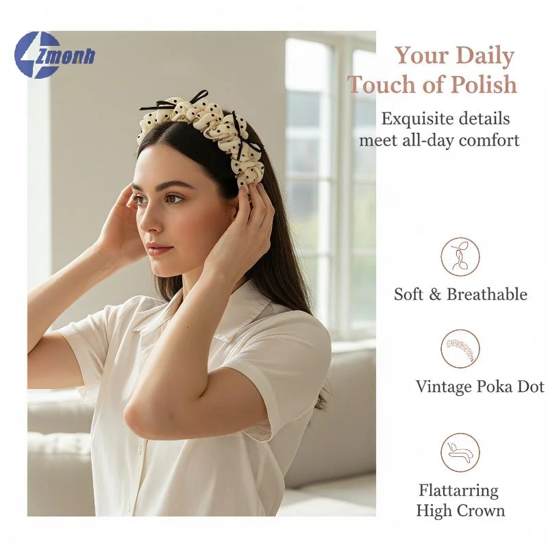 New！2pcs Vintage Polka Dot Bow Headband Women Hair Hoop High Cranial Top Princess Style Hairband Daily Makeup Washing Hair